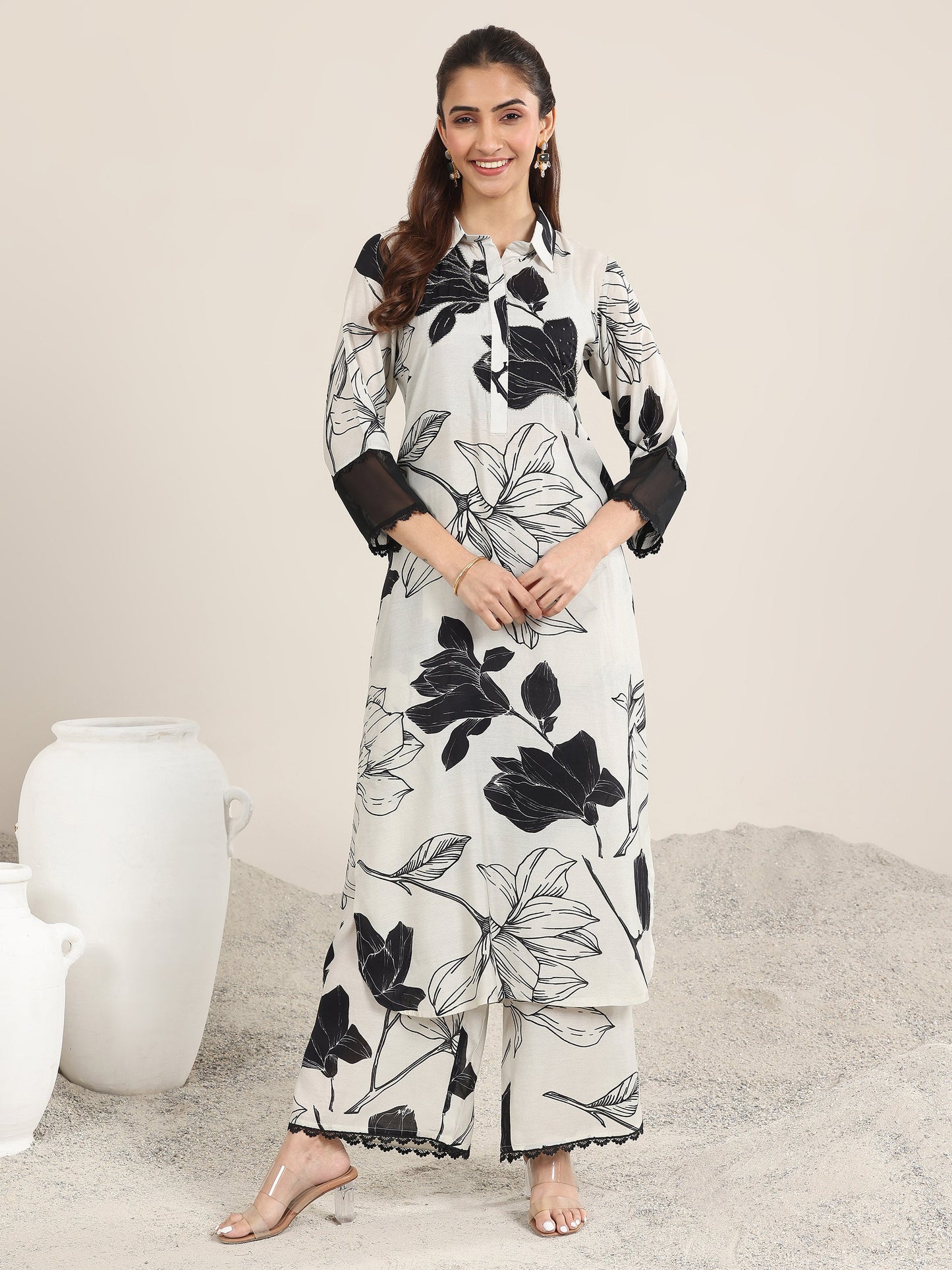 Off White Printed Rayon Straight Kurta Set