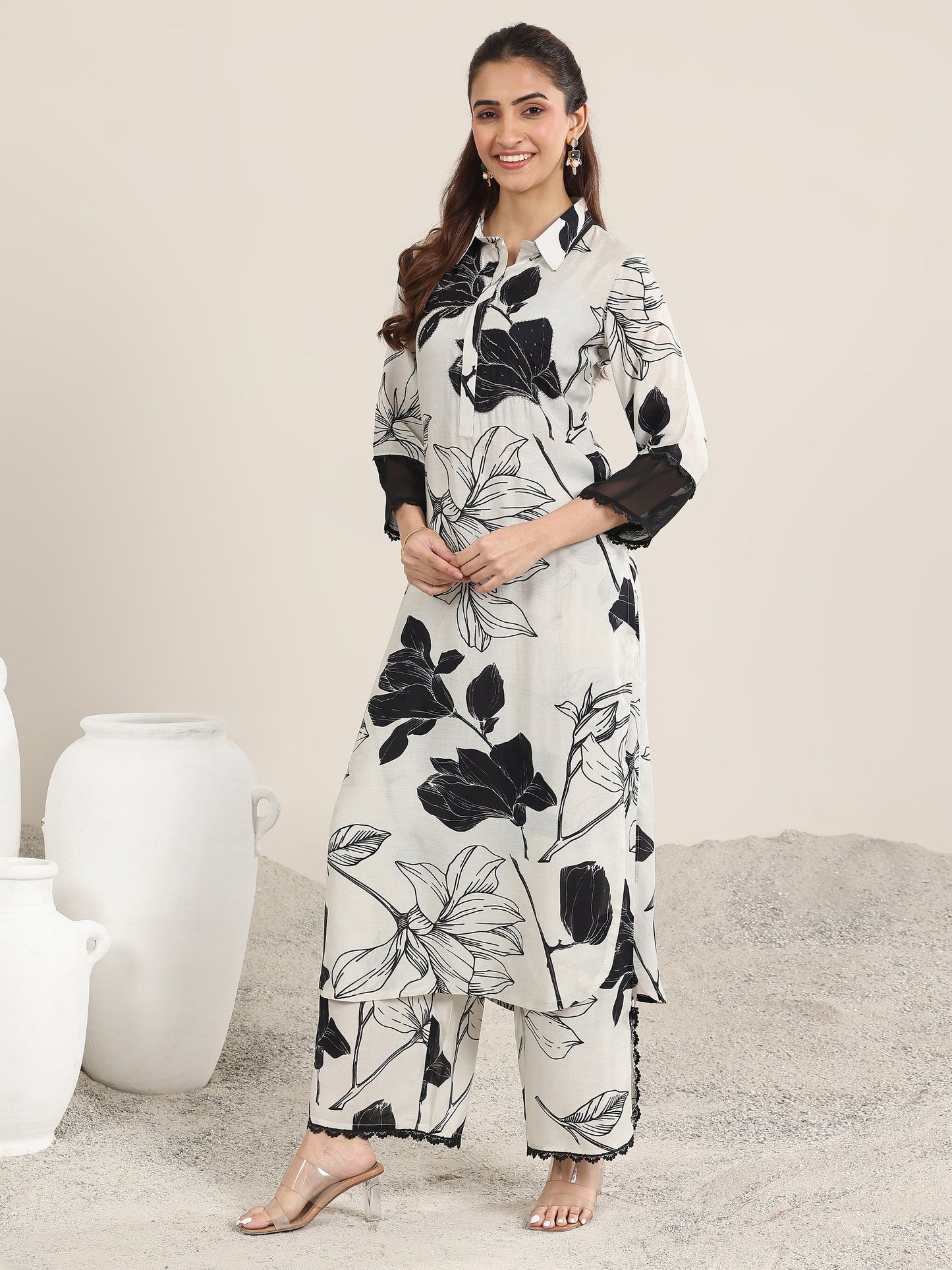 Off White Printed Rayon Straight Kurta Set