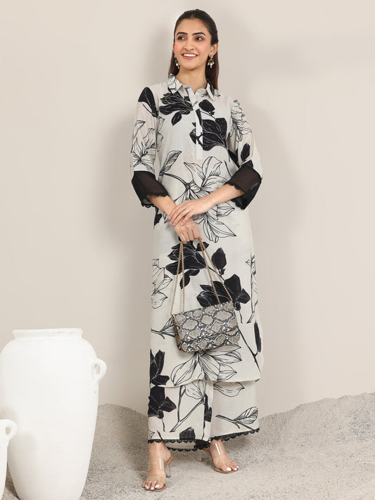 Off White Printed Rayon Straight Kurta Set