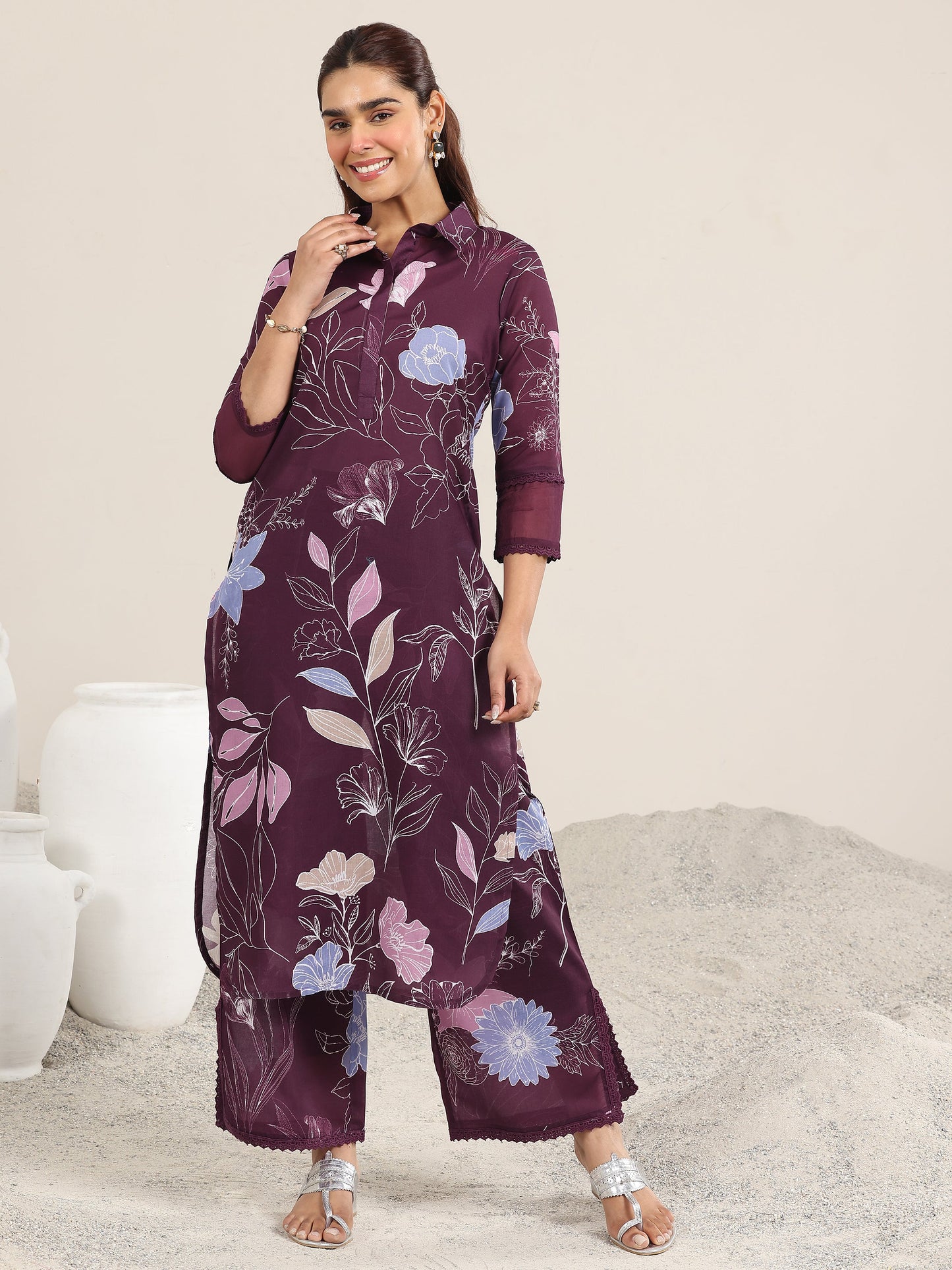 Wine Printed Rayon Straight Kurta Set