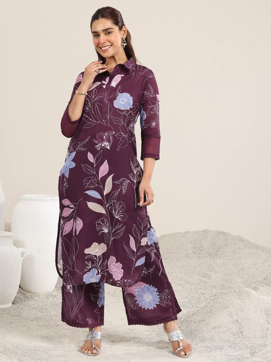 Wine Printed Rayon Straight Kurta Set