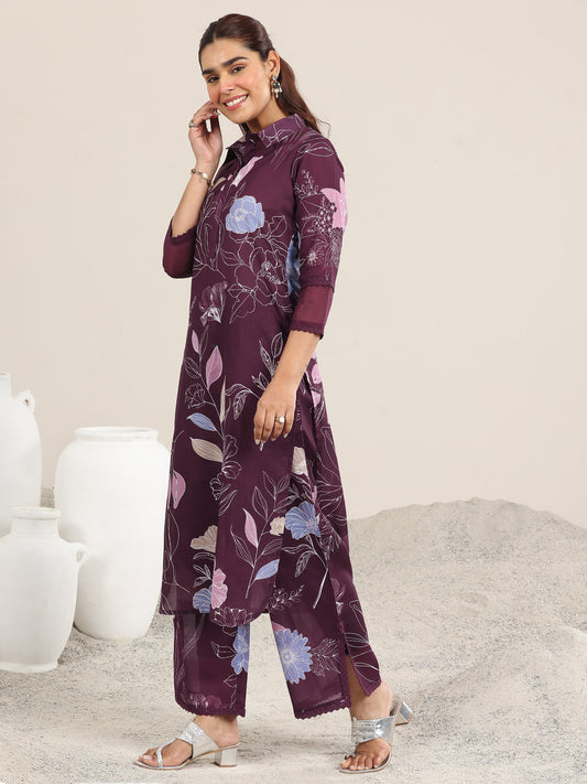 Wine Printed Rayon Straight Kurta Set