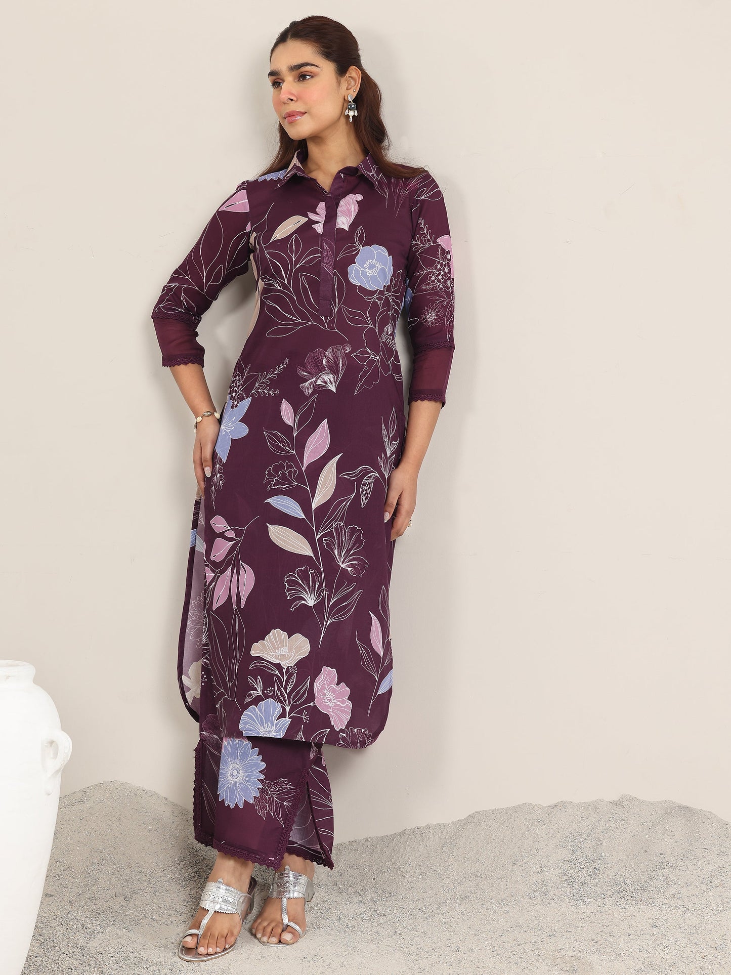 Wine Printed Rayon Straight Kurta Set