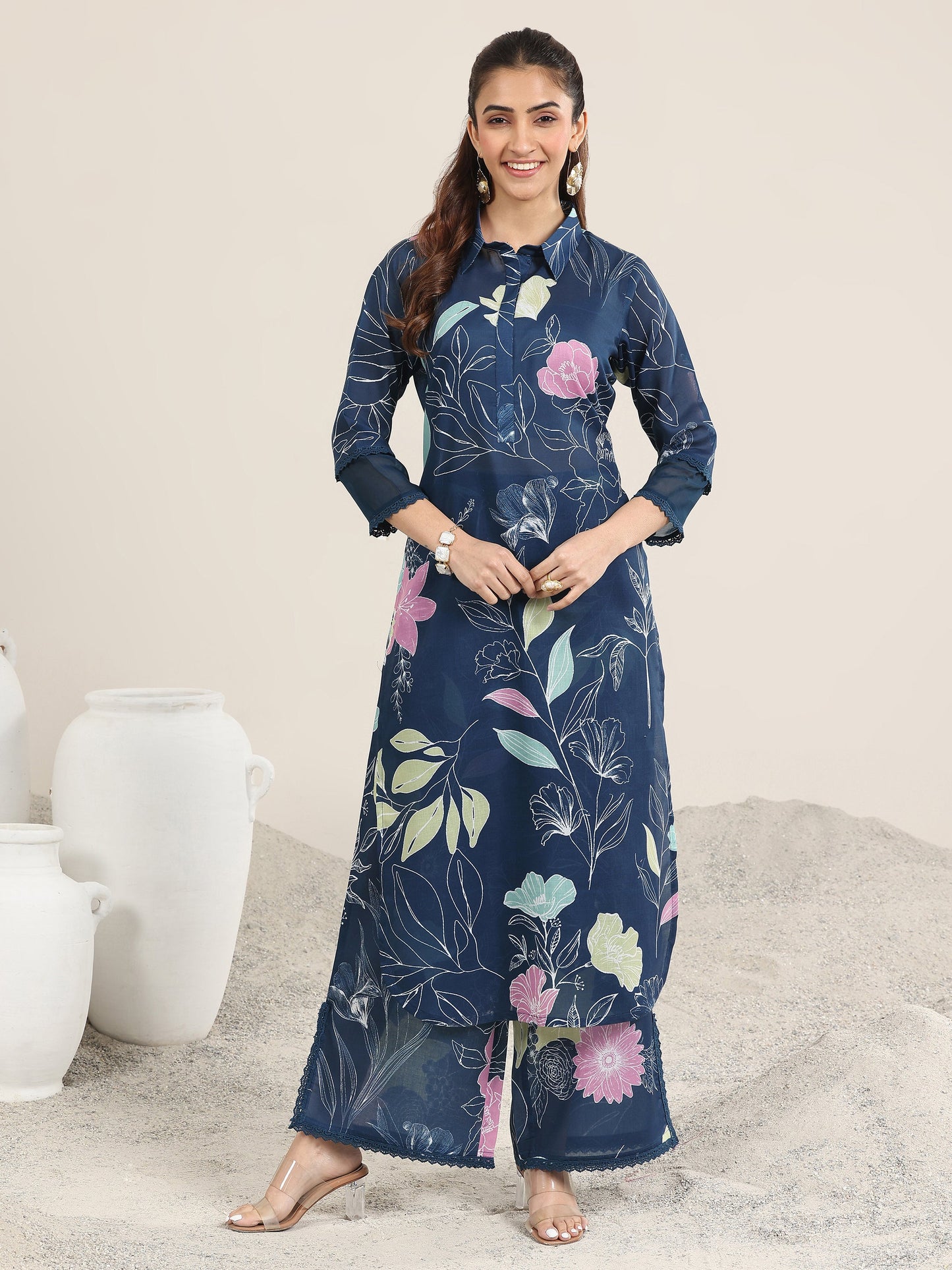 Blue Printed Rayon Straight Kurta Set
