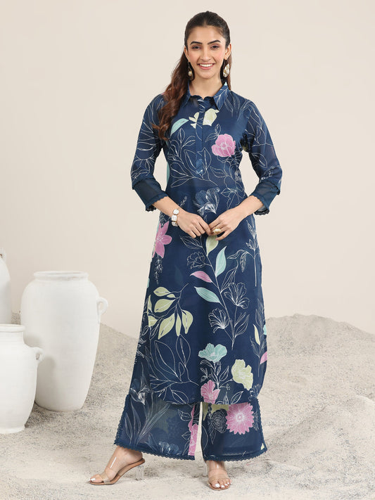 Blue Printed Rayon Straight Kurta Set