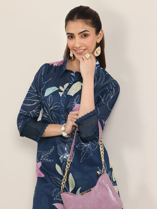 Blue Printed Rayon Straight Kurta Set
