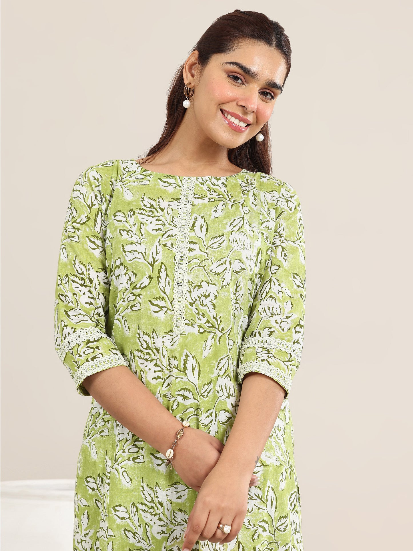 Green Printed Cotton Straight Kurta Set