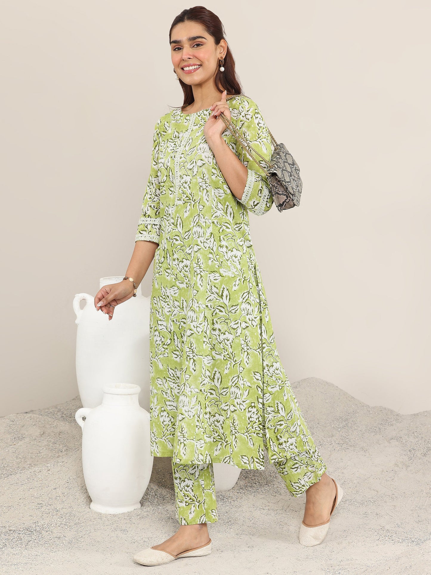 Green Printed Cotton Straight Kurta Set