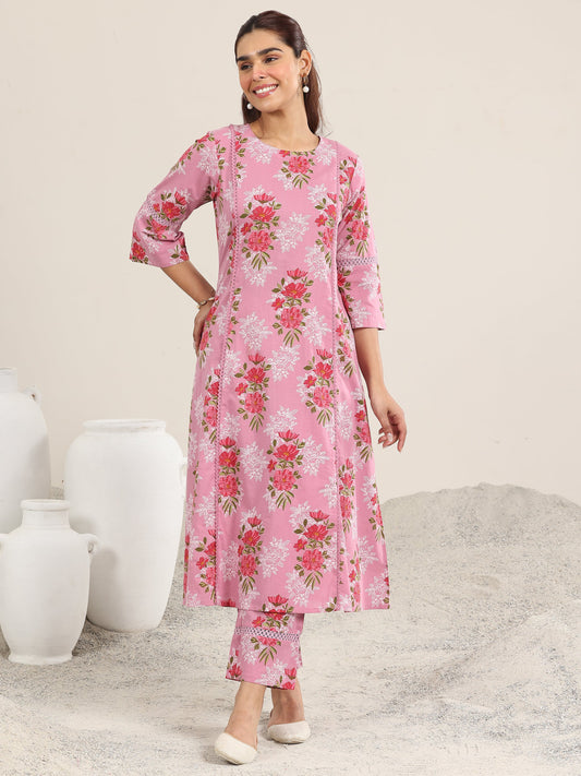 Pink Printed Cotton A-line Kurta Set
