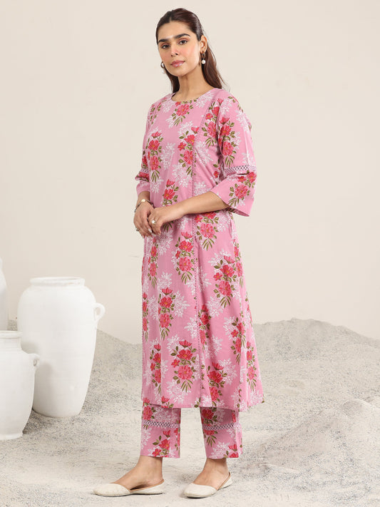 Pink Printed Cotton A-line Kurta Set