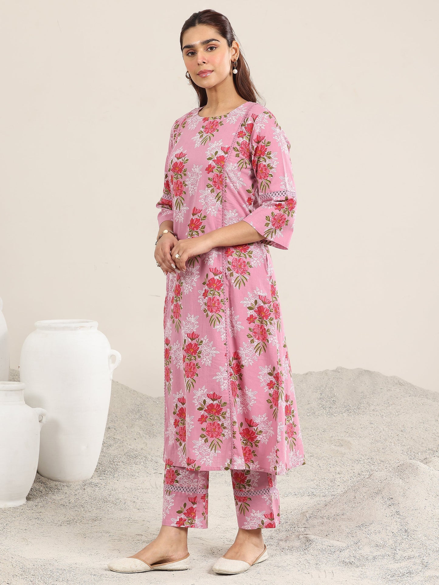 Pink Printed Cotton A-line Kurta Set