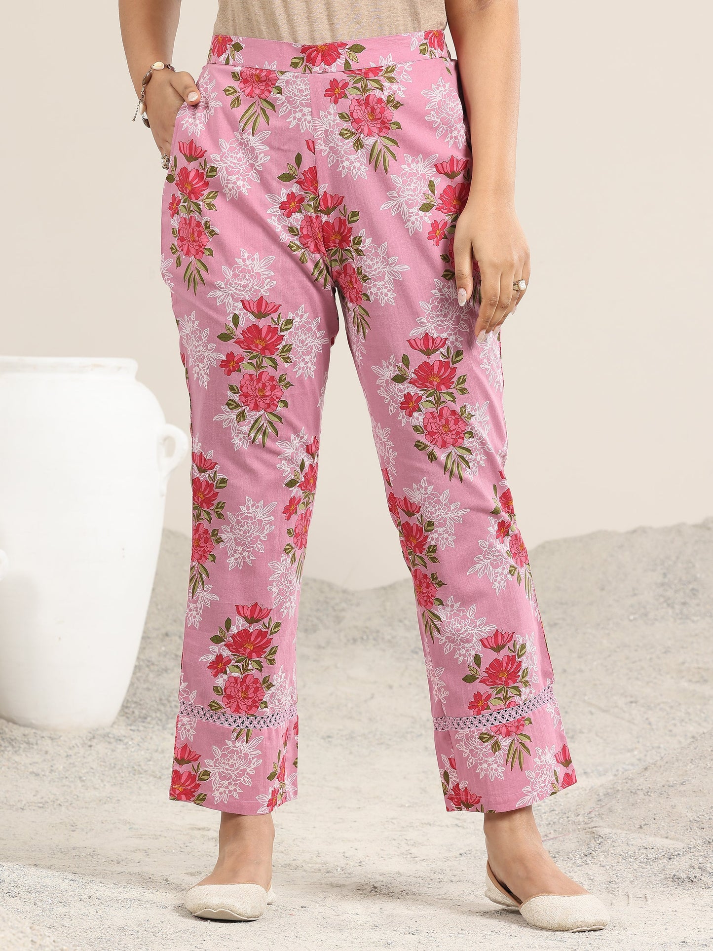 Pink Printed Cotton A-line Kurta Set