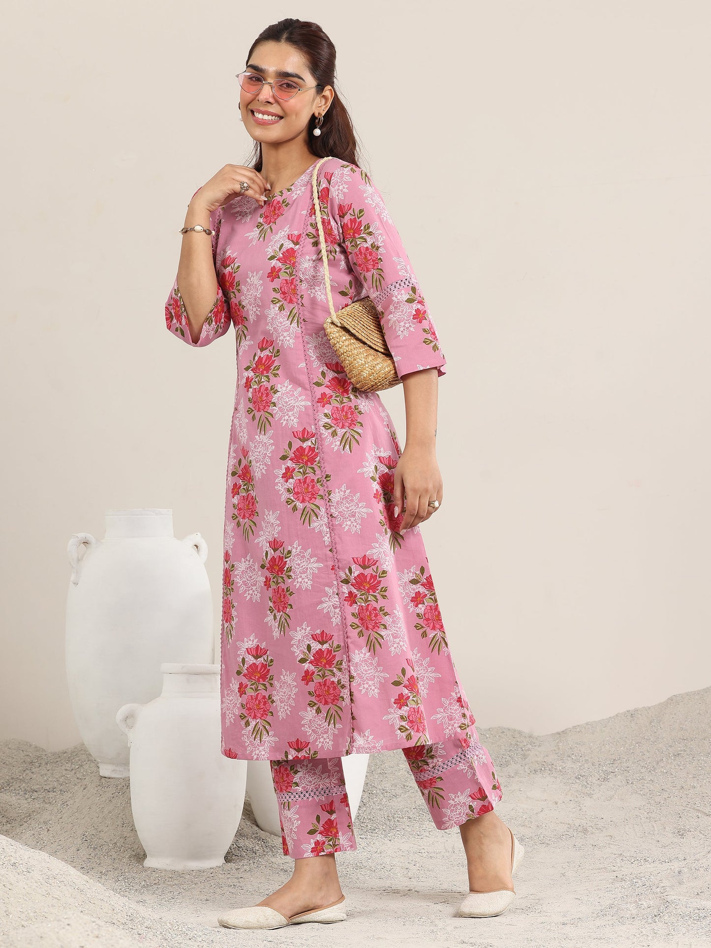 Pink Printed Cotton A-line Kurta Set