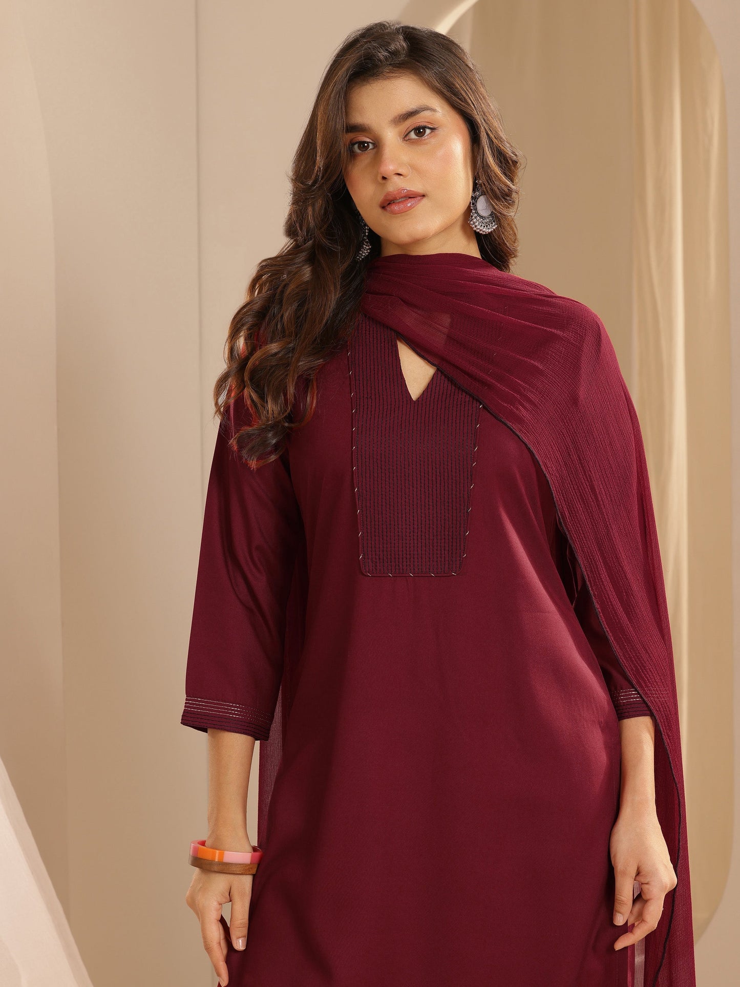 Maroon Yoke Design Viscose Rayon Straight Suit Set With Dupatta