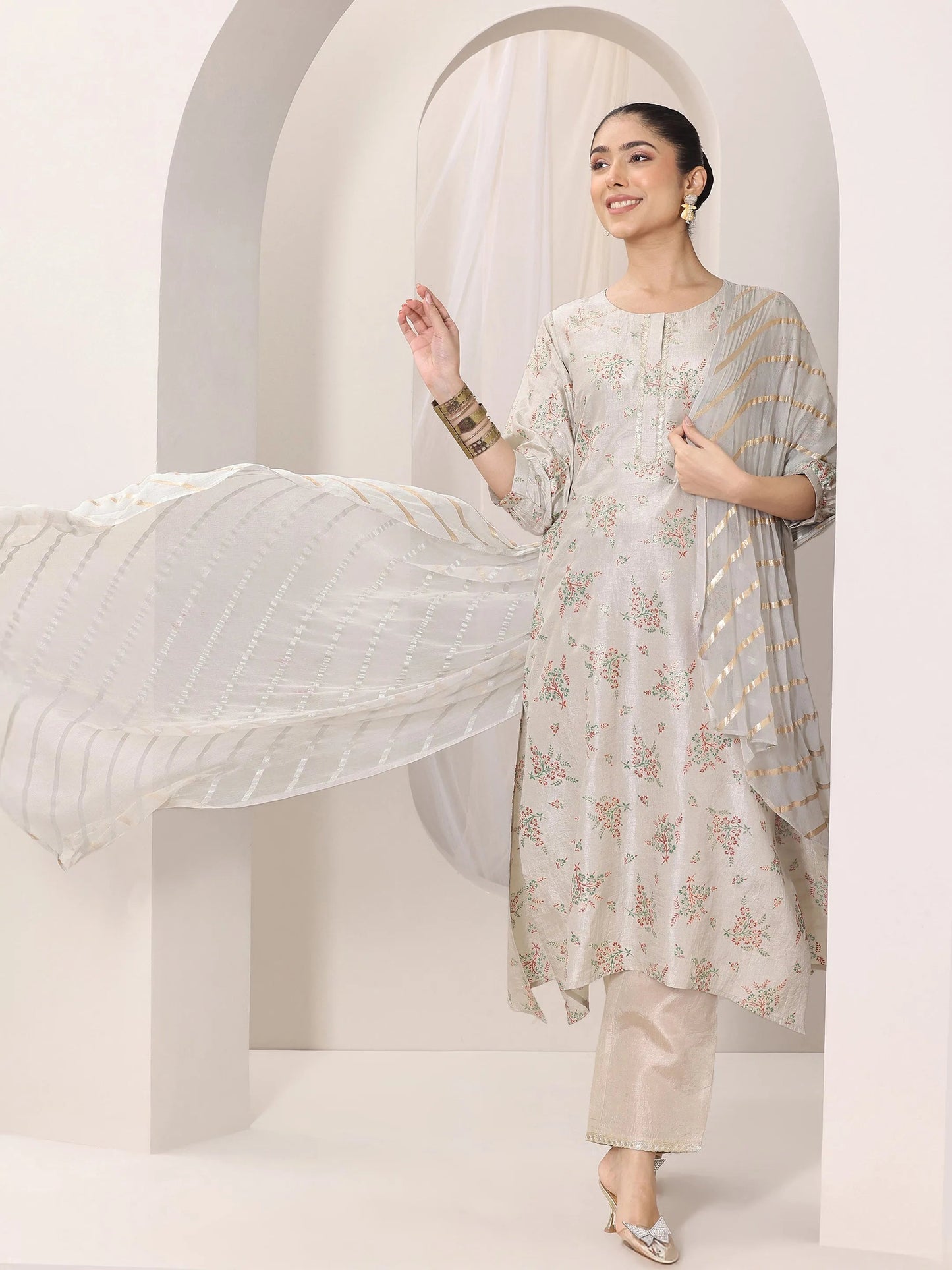 Grey Woven Design Silk Blend Straight Suit Set With Dupatta