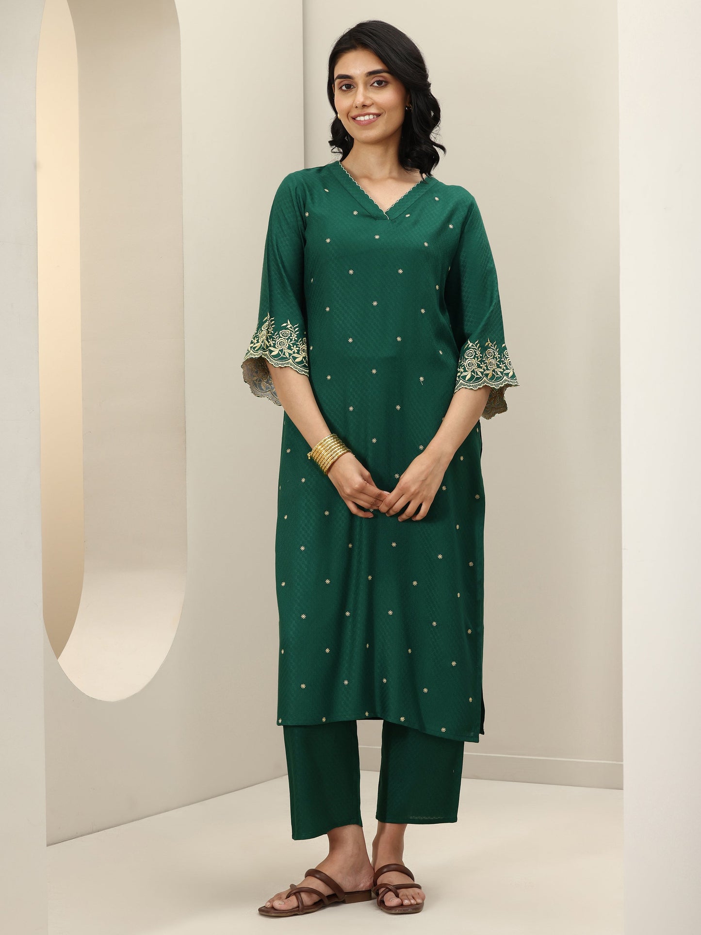 Green Self Design Rayon Straight Kurta Set