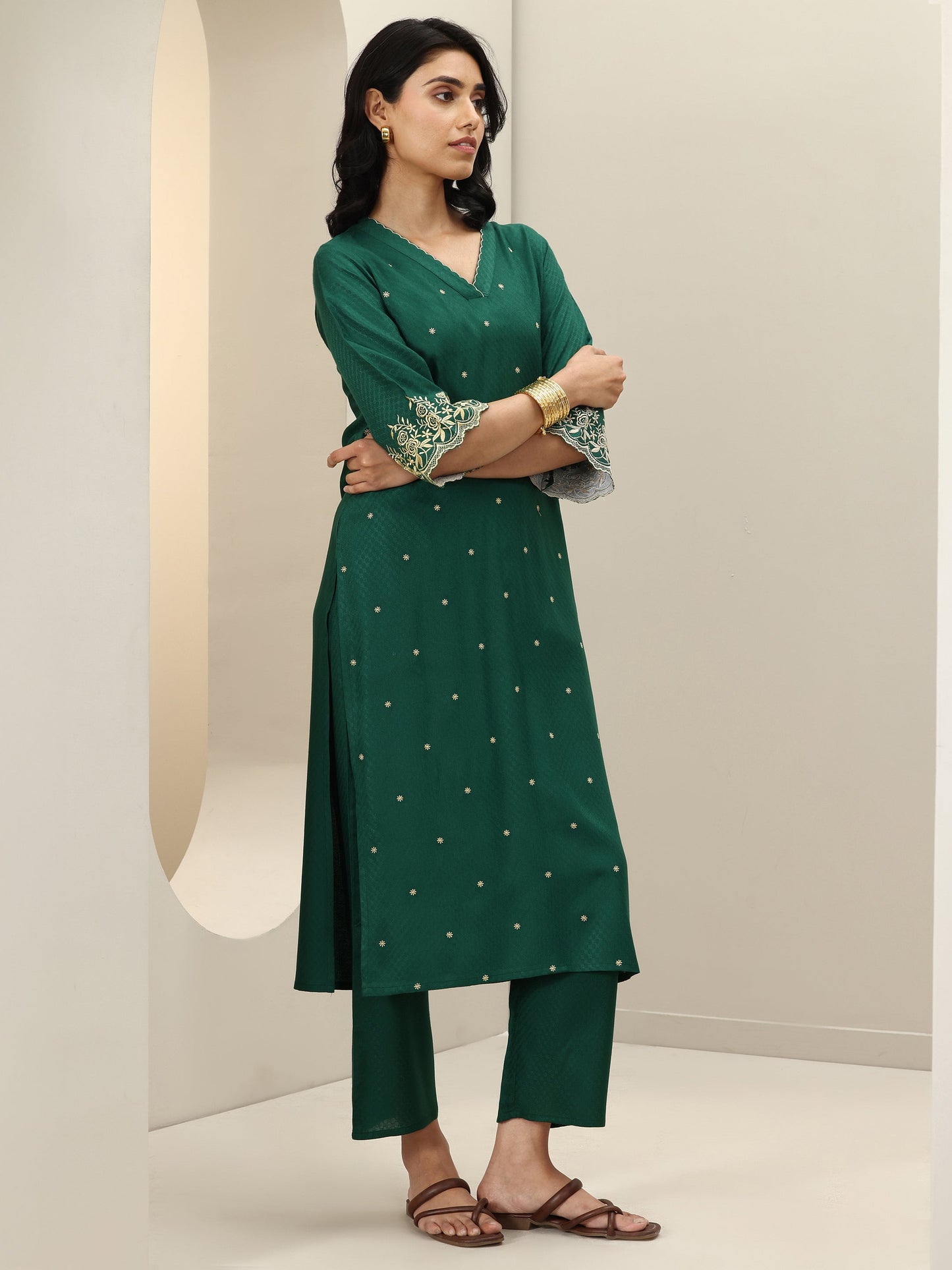 Green Self Design Rayon Straight Kurta Set