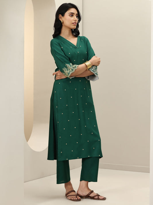 Green Self Design Rayon Straight Kurta Set
