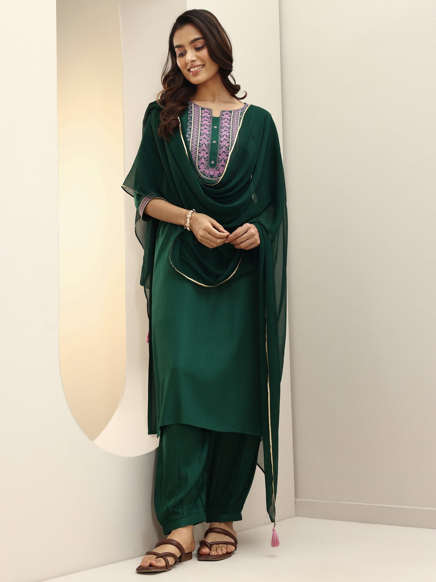 Green Self Design Rayon Straight Suit Sets With Dupatta