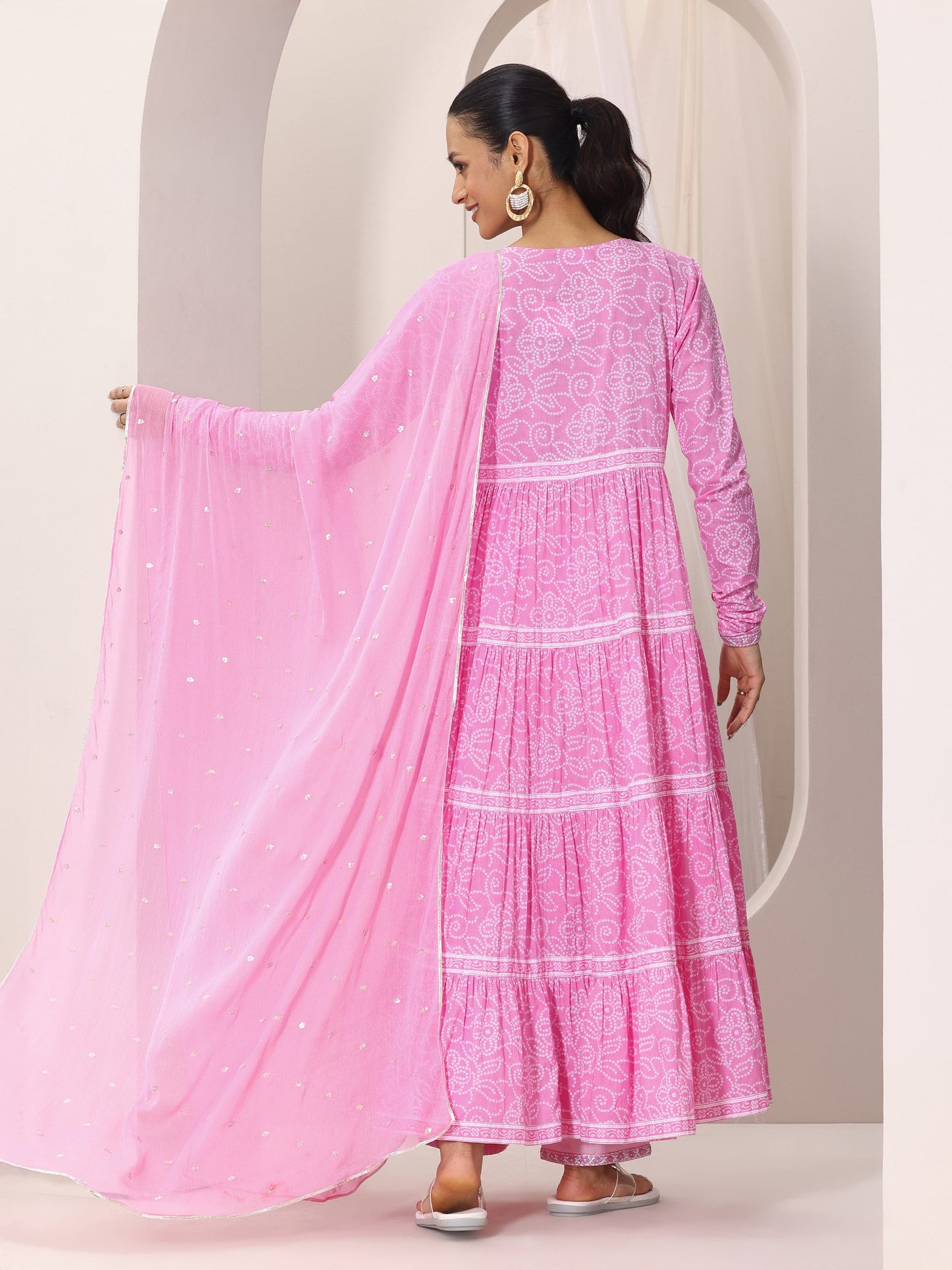 Pink Bandhani Cotton  Anarkali Suit Set With Dupatta