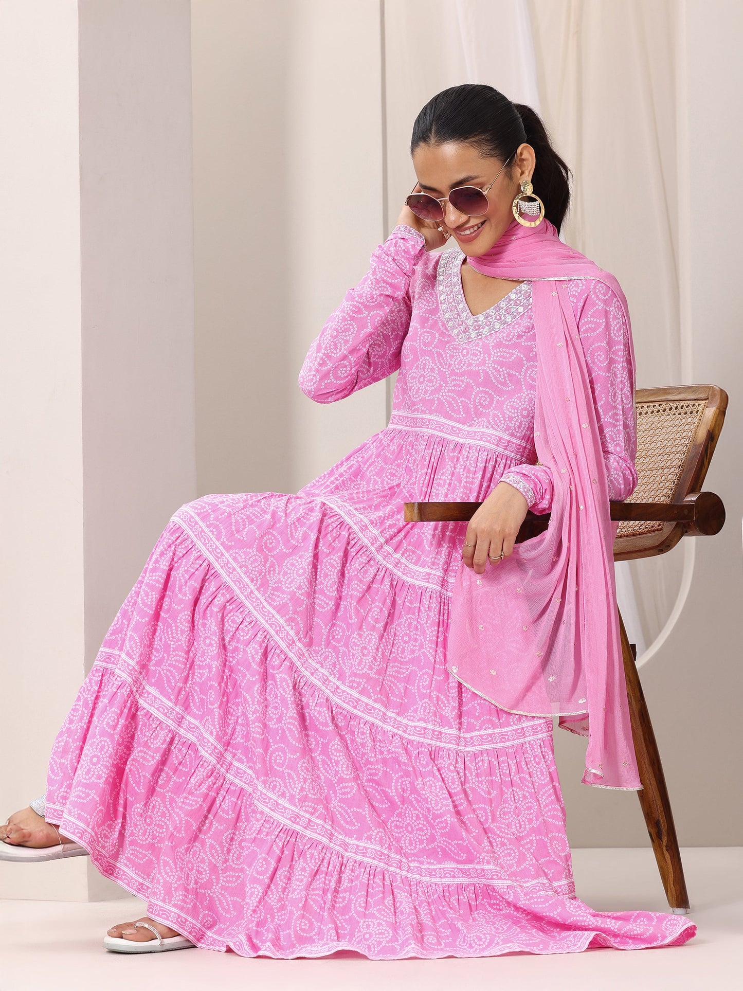 Pink Bandhani Cotton  Anarkali Suit Set With Dupatta