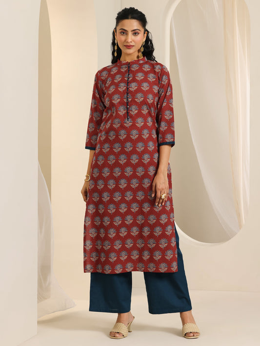 Maroon Printed Cotton Straight Kurta Set