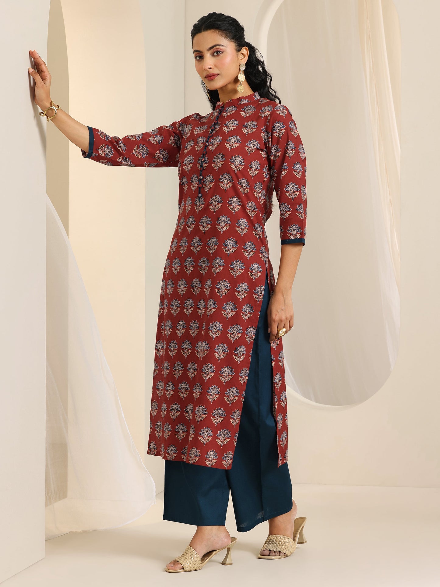 Maroon Printed Cotton Straight Kurta Set