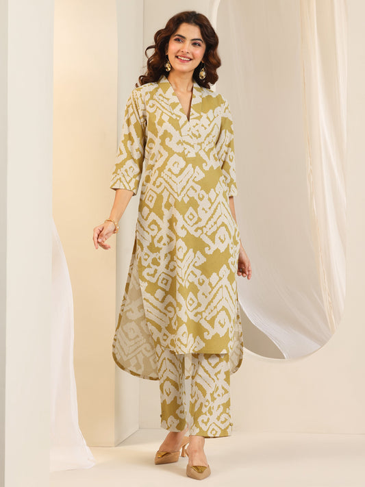 Mustard Printed Cotton Blend Straight Kurta Set