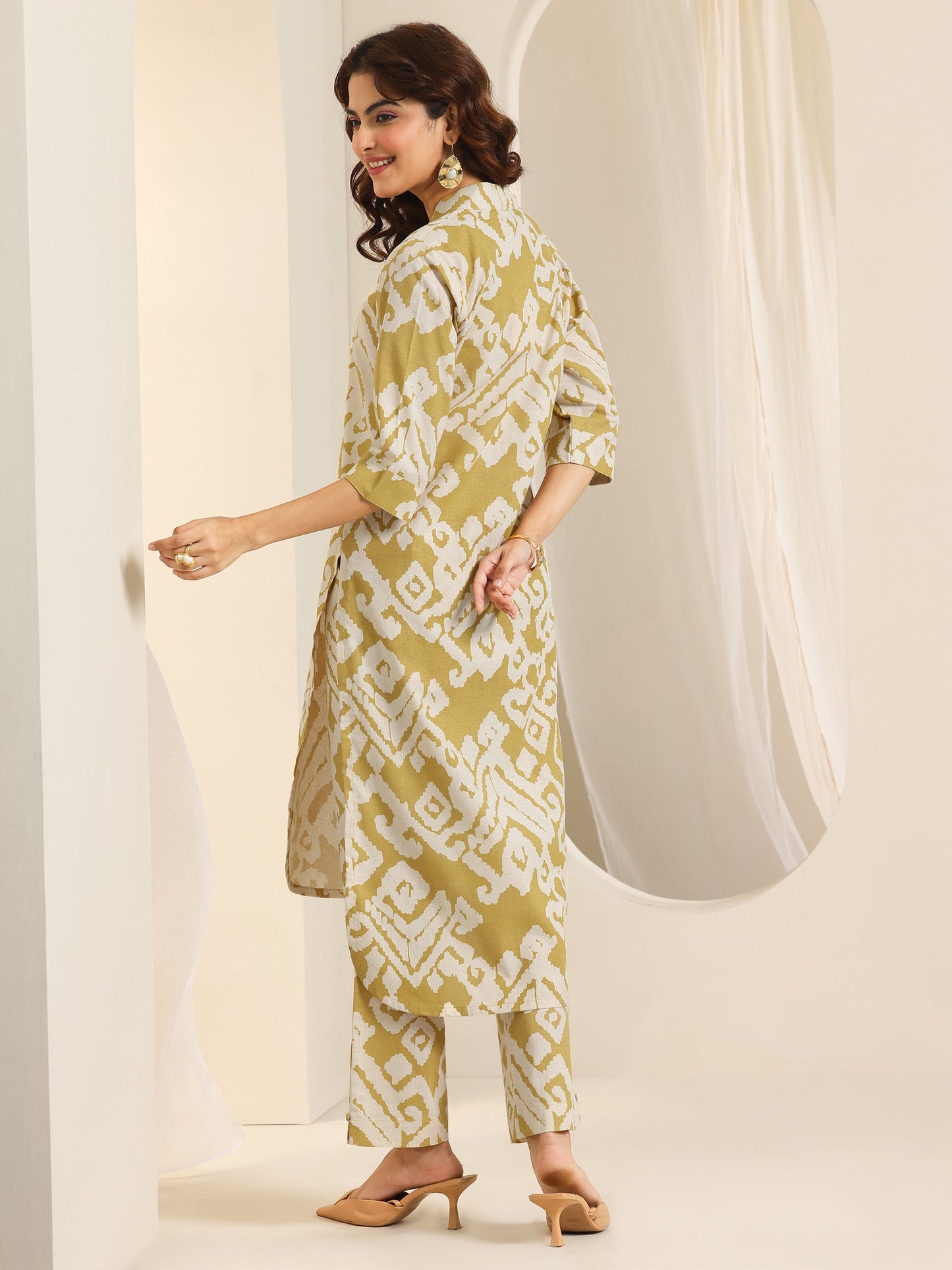 Mustard Printed Cotton Blend Straight Kurta Set