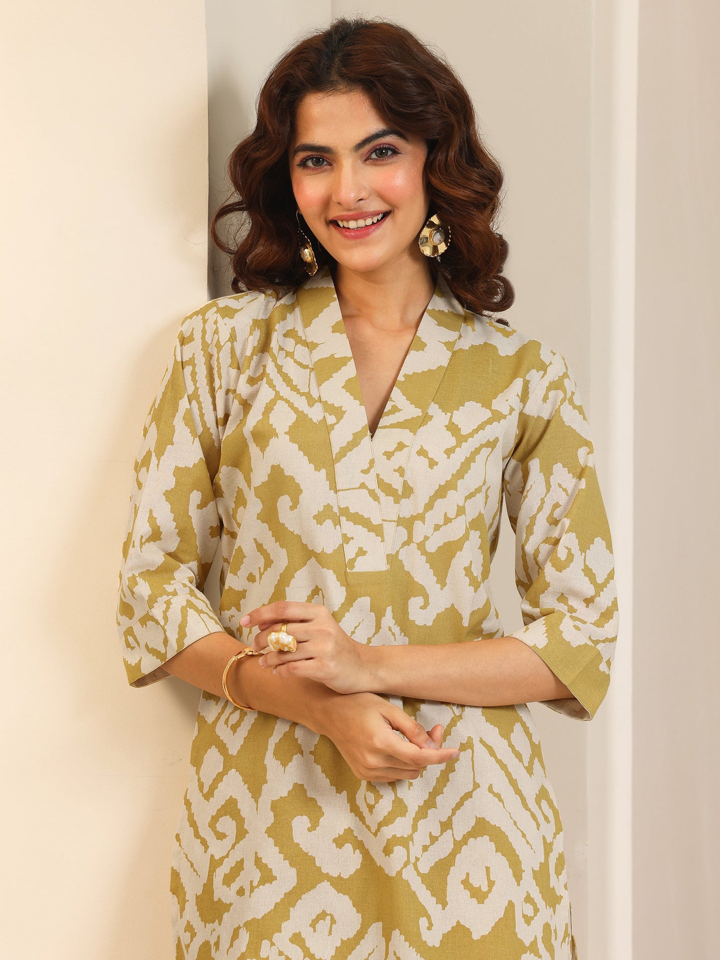 Mustard Printed Cotton Blend Straight Kurta Set