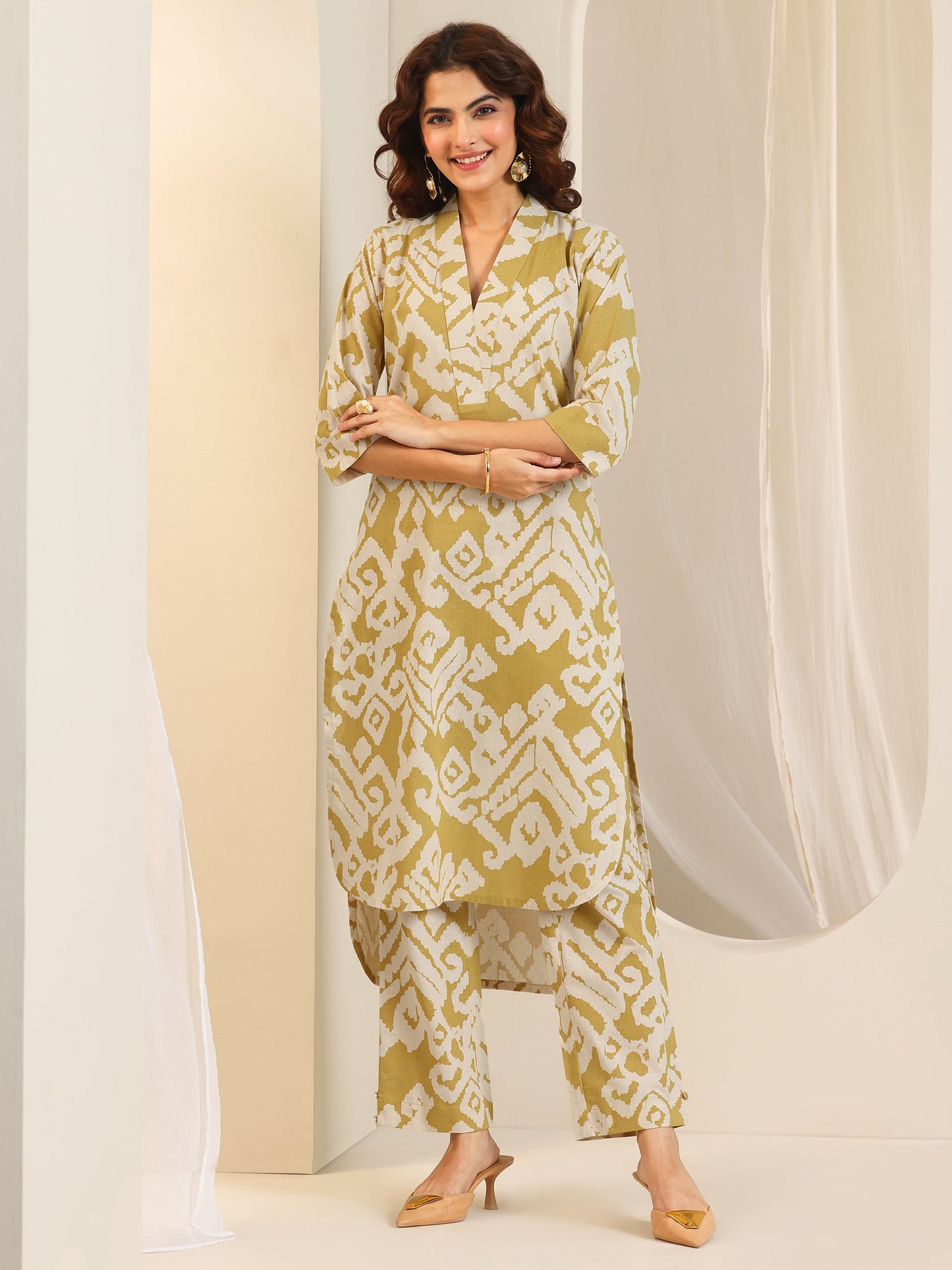 Mustard Printed Cotton Blend Straight Kurta Set