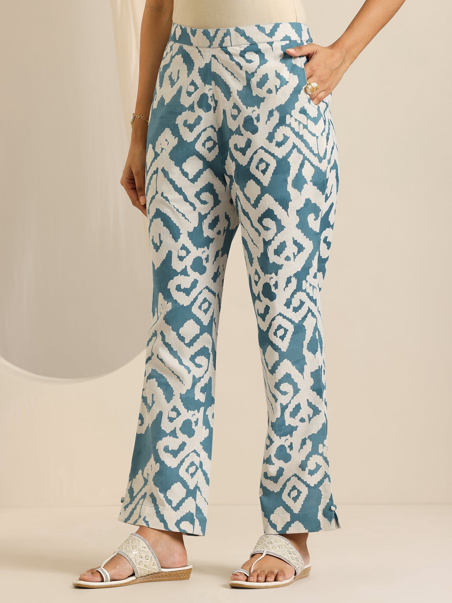 Blue Printed Cotton Blend Straight Kurta Set