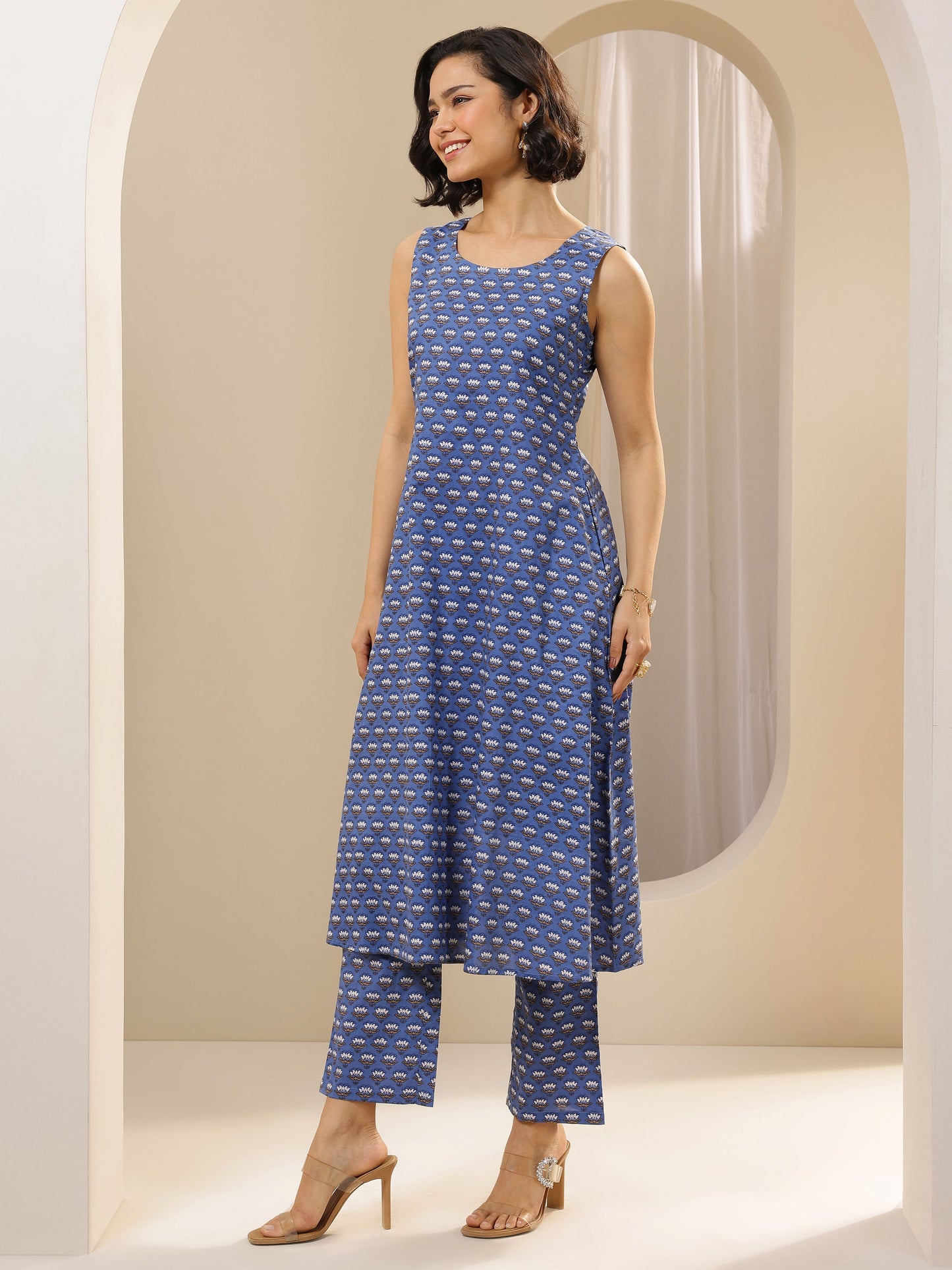 Blue Printed Cotton Straight Kurta Set