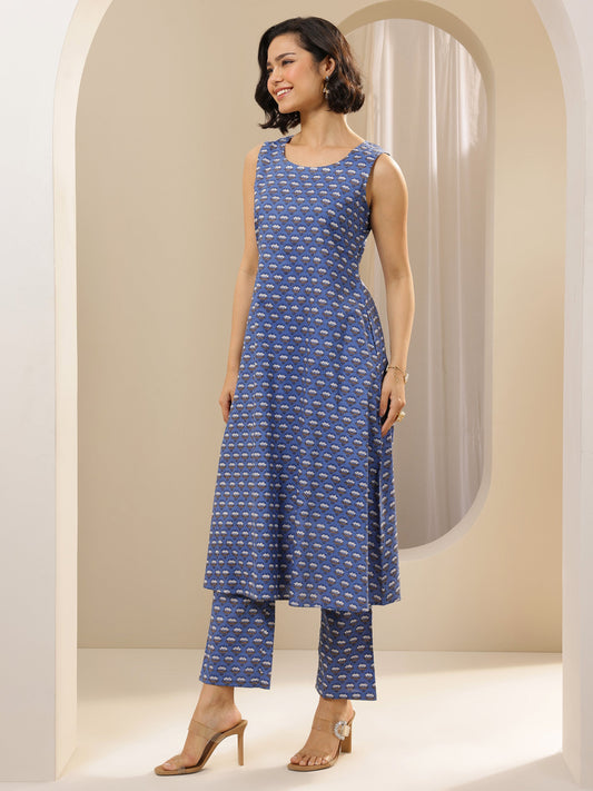 Blue Printed Cotton Straight Kurta Set