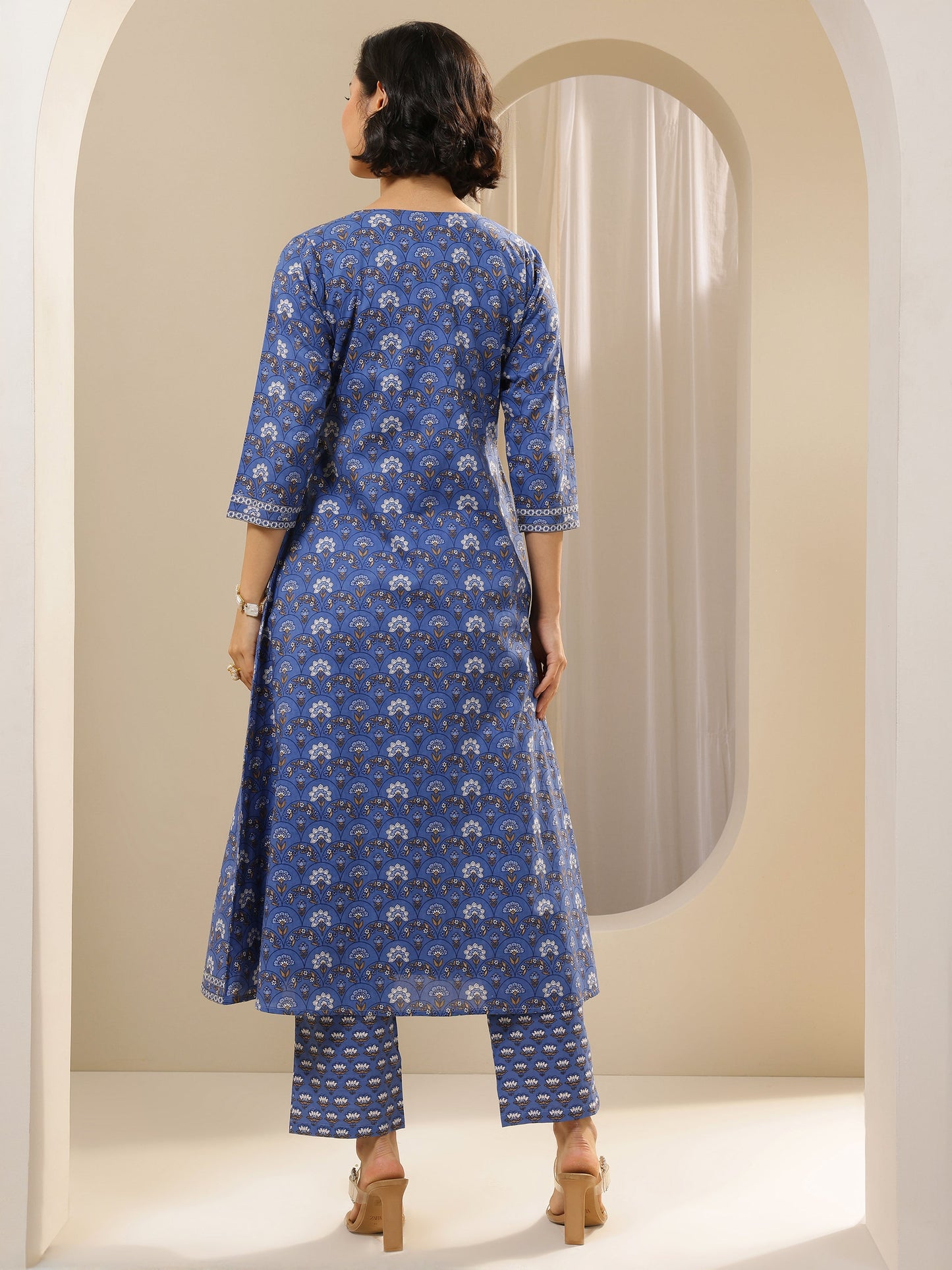 Blue Printed Cotton Straight Kurta Set