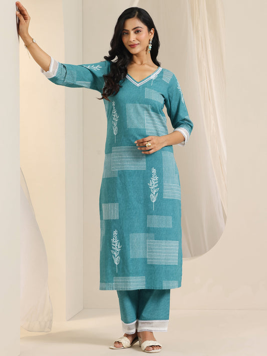 Blue Printed Cotton Straight Kurta Set