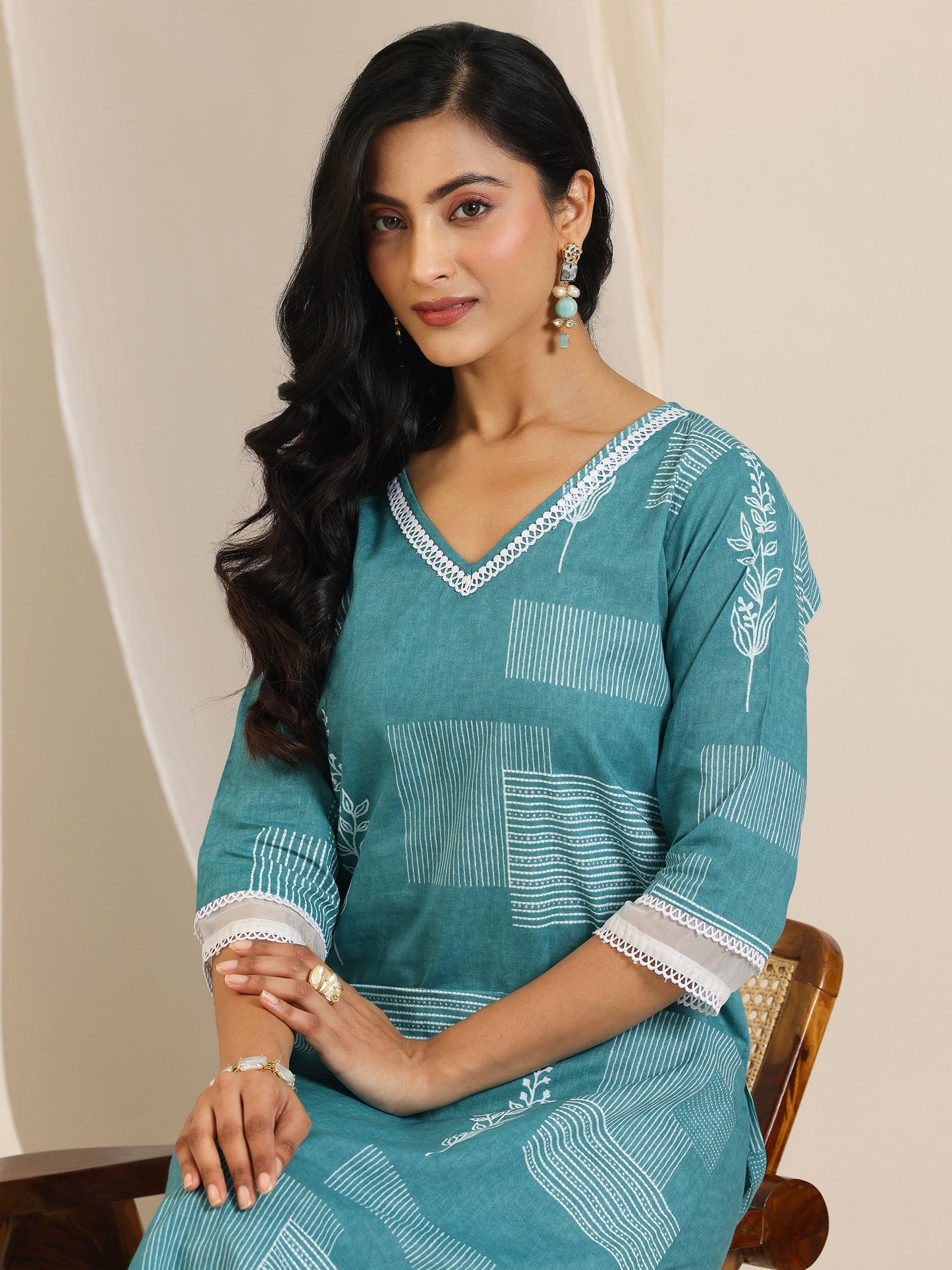 Blue Printed Cotton Straight Kurta Set