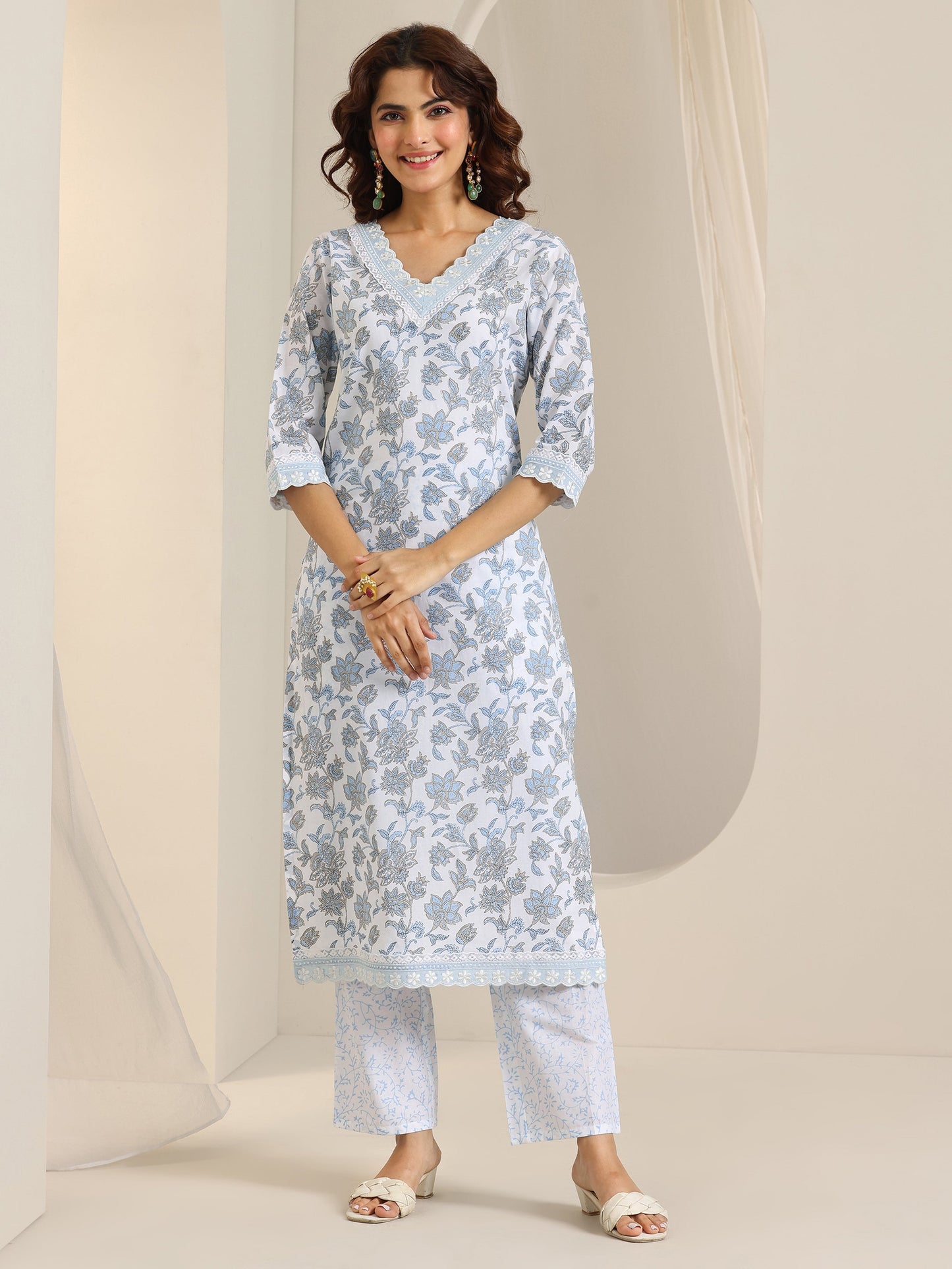 White Printed Cotton Straight Kurta Set