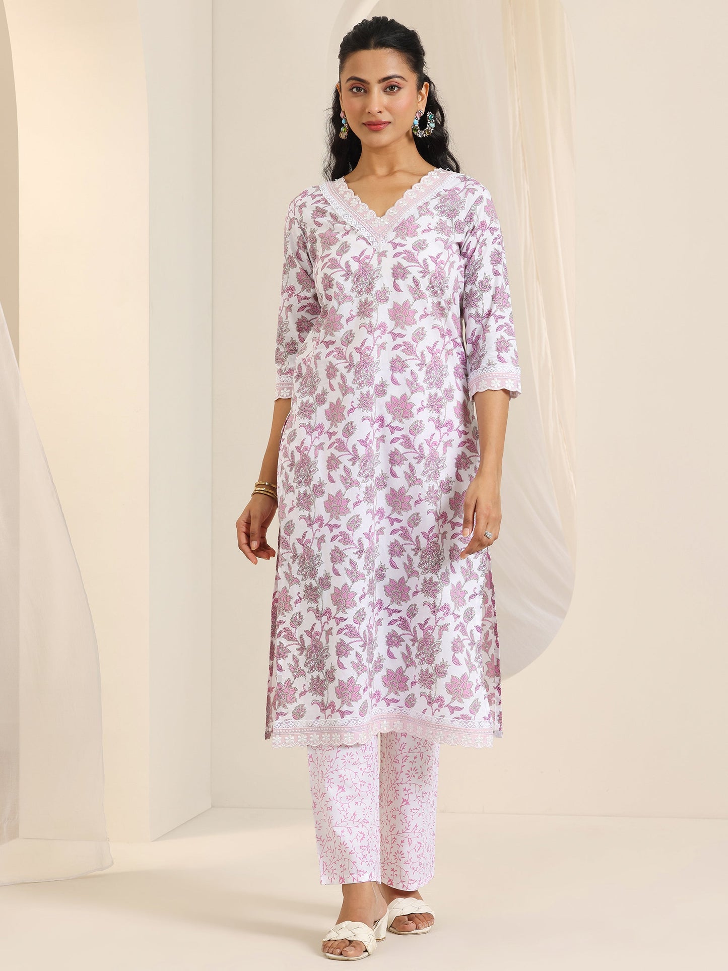 White Printed Cotton Straight Kurta Set