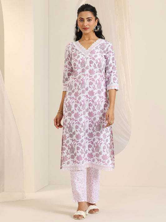 White Printed Cotton Straight Kurta Set