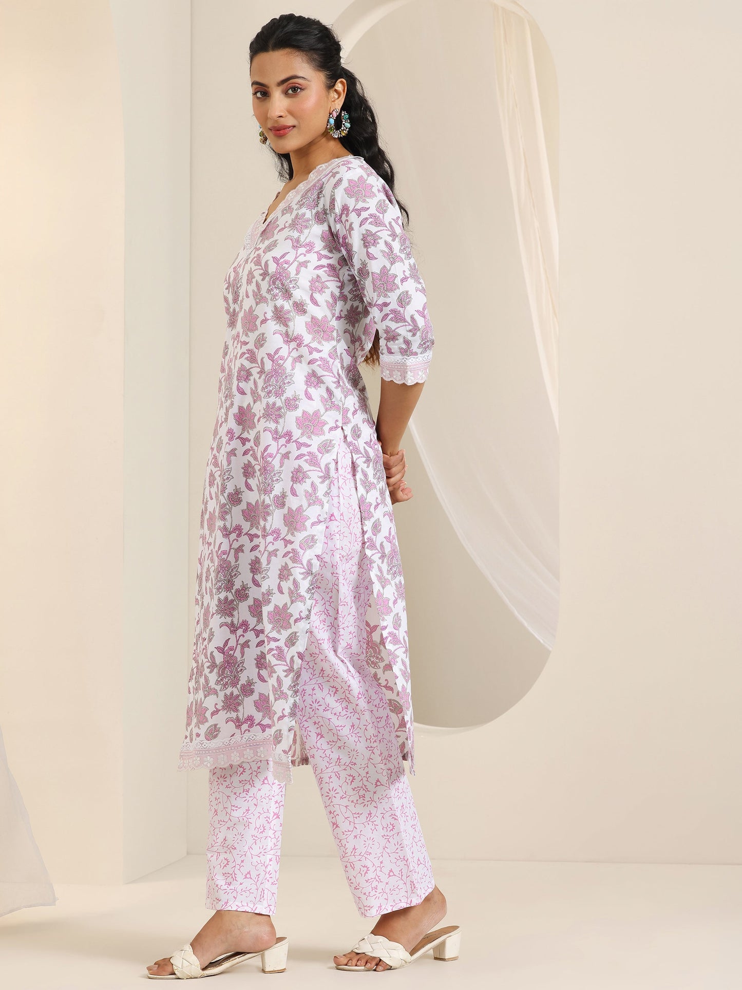 White Printed Cotton Straight Kurta Set