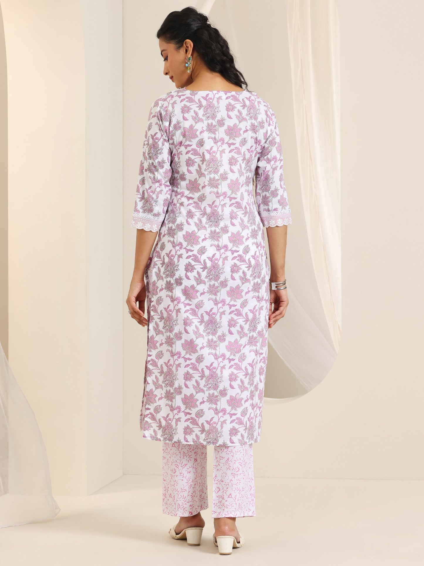 White Printed Cotton Straight Kurta Set