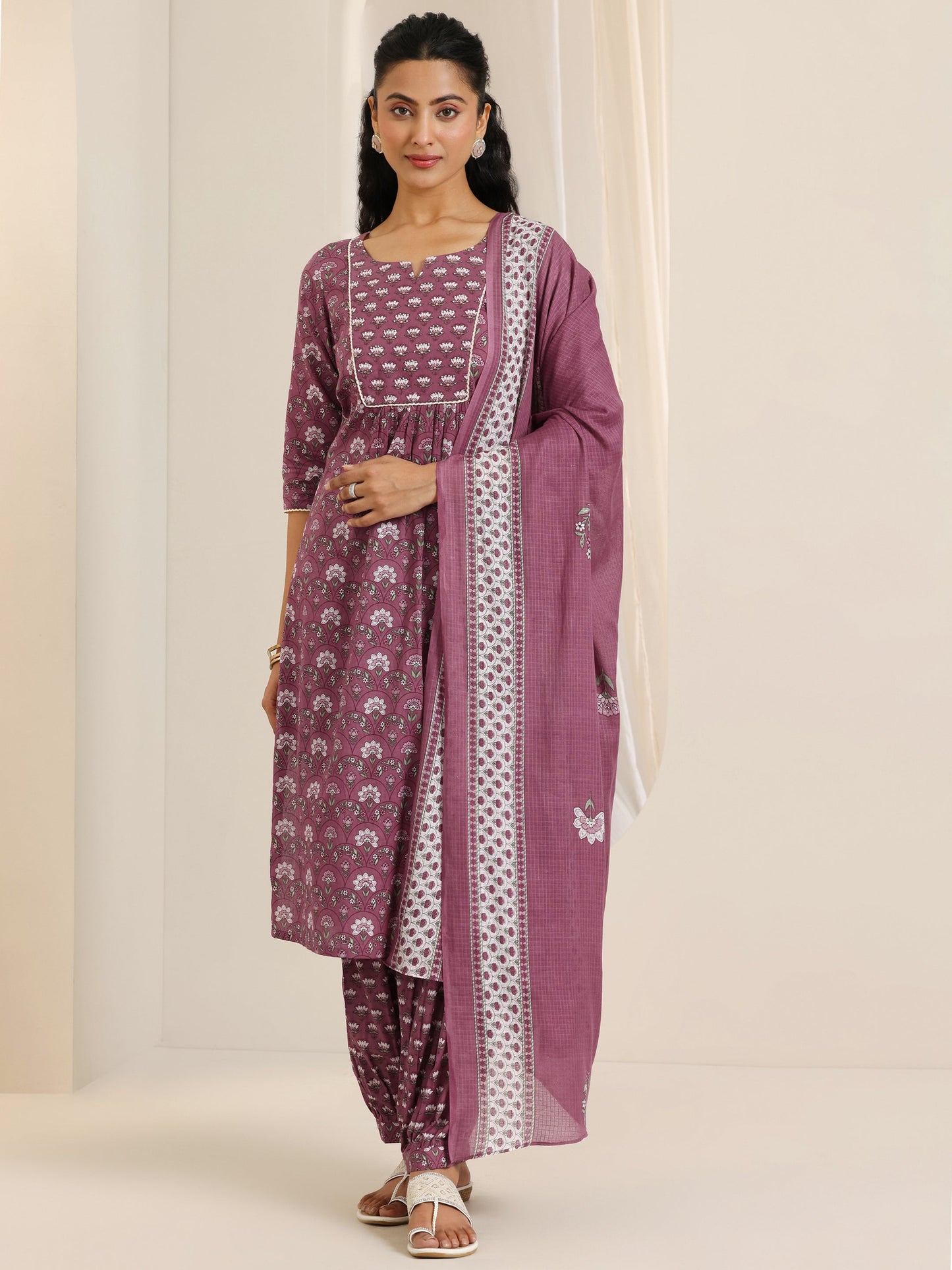 Mauve Printed Cotton Straight Suit Set With Dupatta
