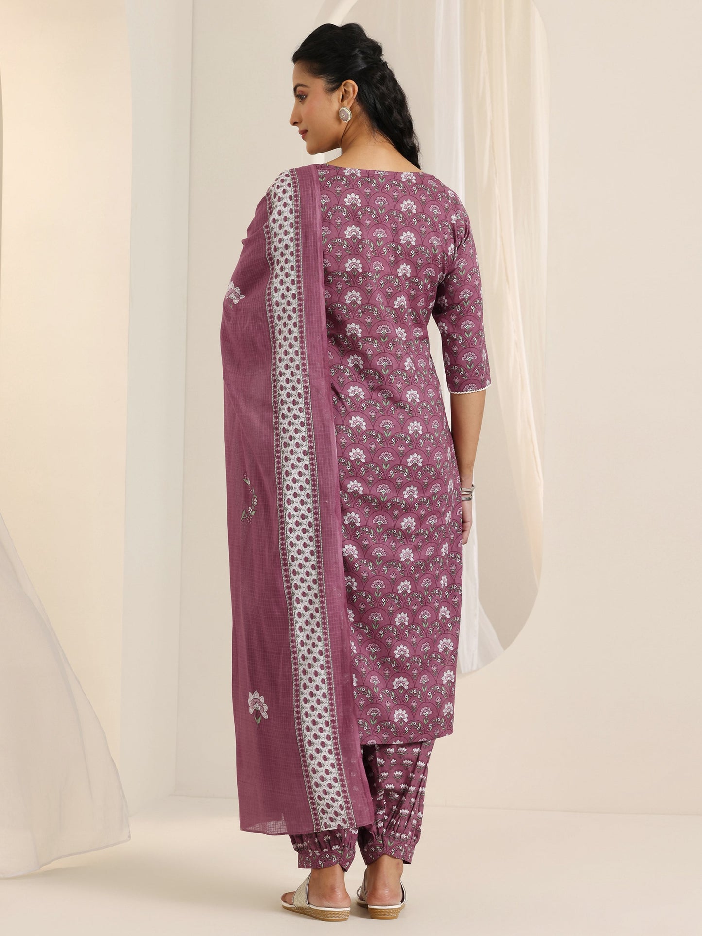 Mauve Printed Cotton Straight Suit Set With Dupatta