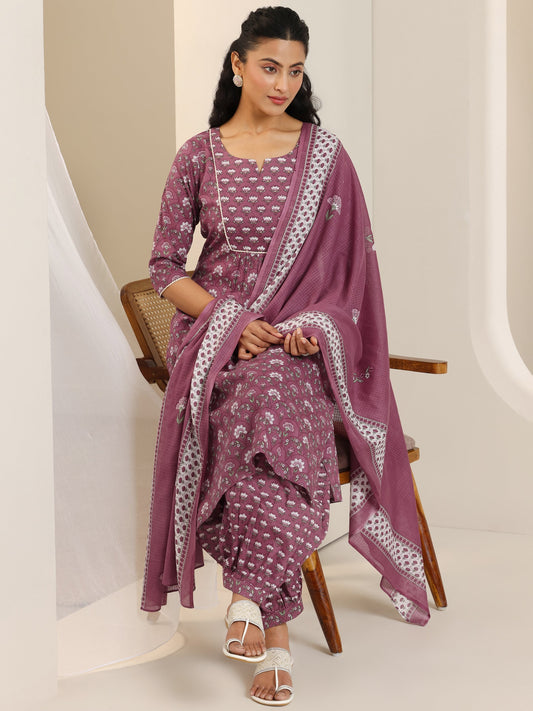Mauve Printed Cotton Straight Suit Set With Dupatta