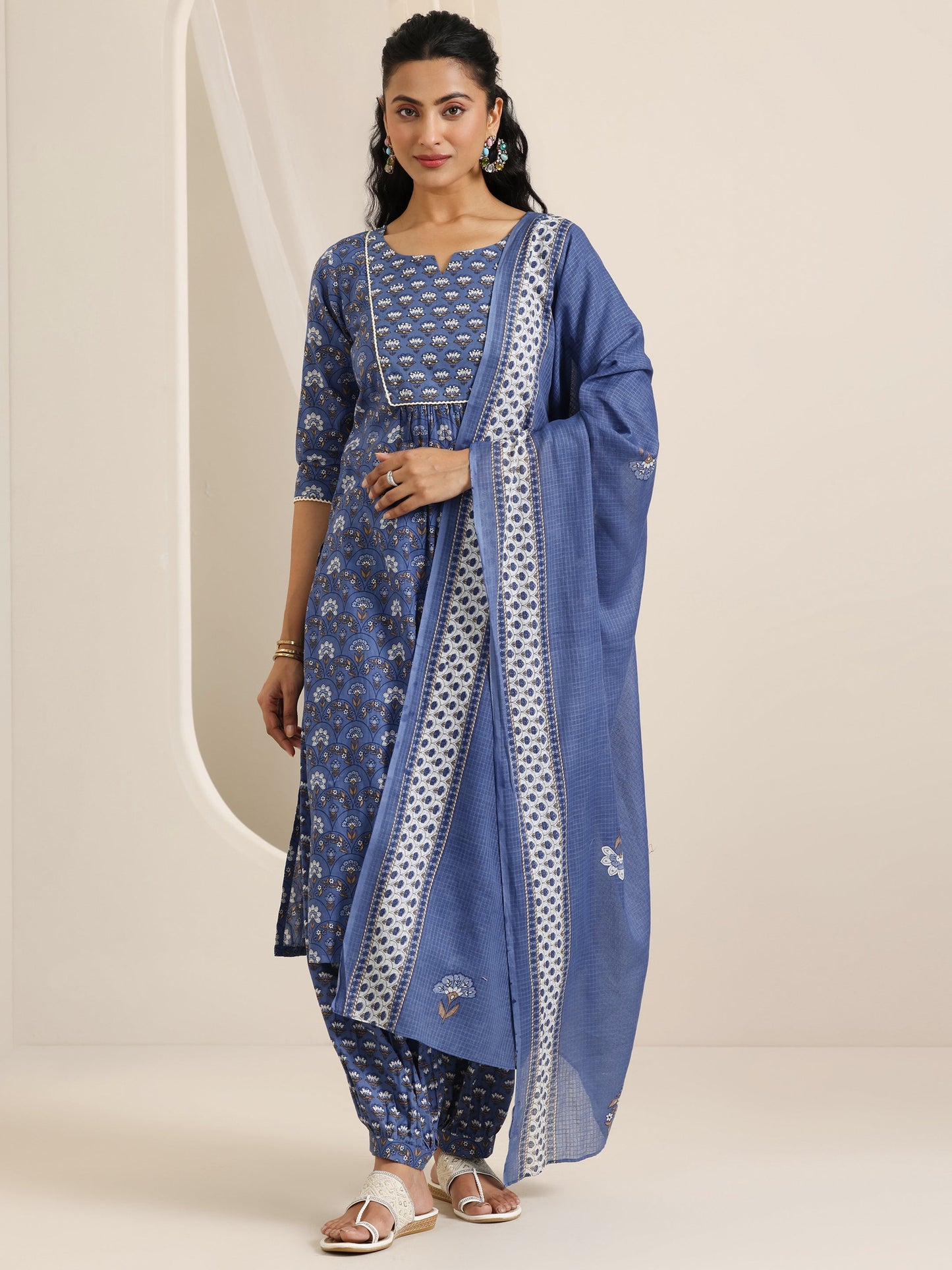 Blue Printed Cotton Straight Suit Set With Dupatta