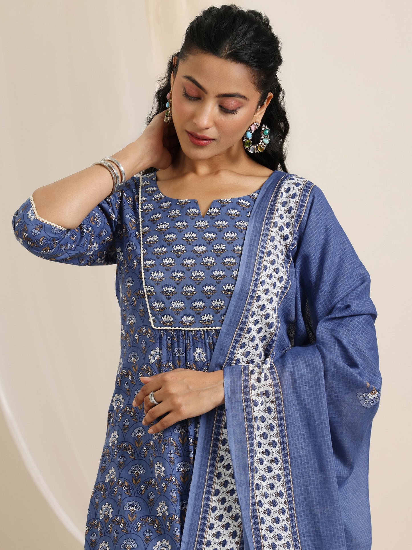 Blue Printed Cotton Straight Suit Set With Dupatta