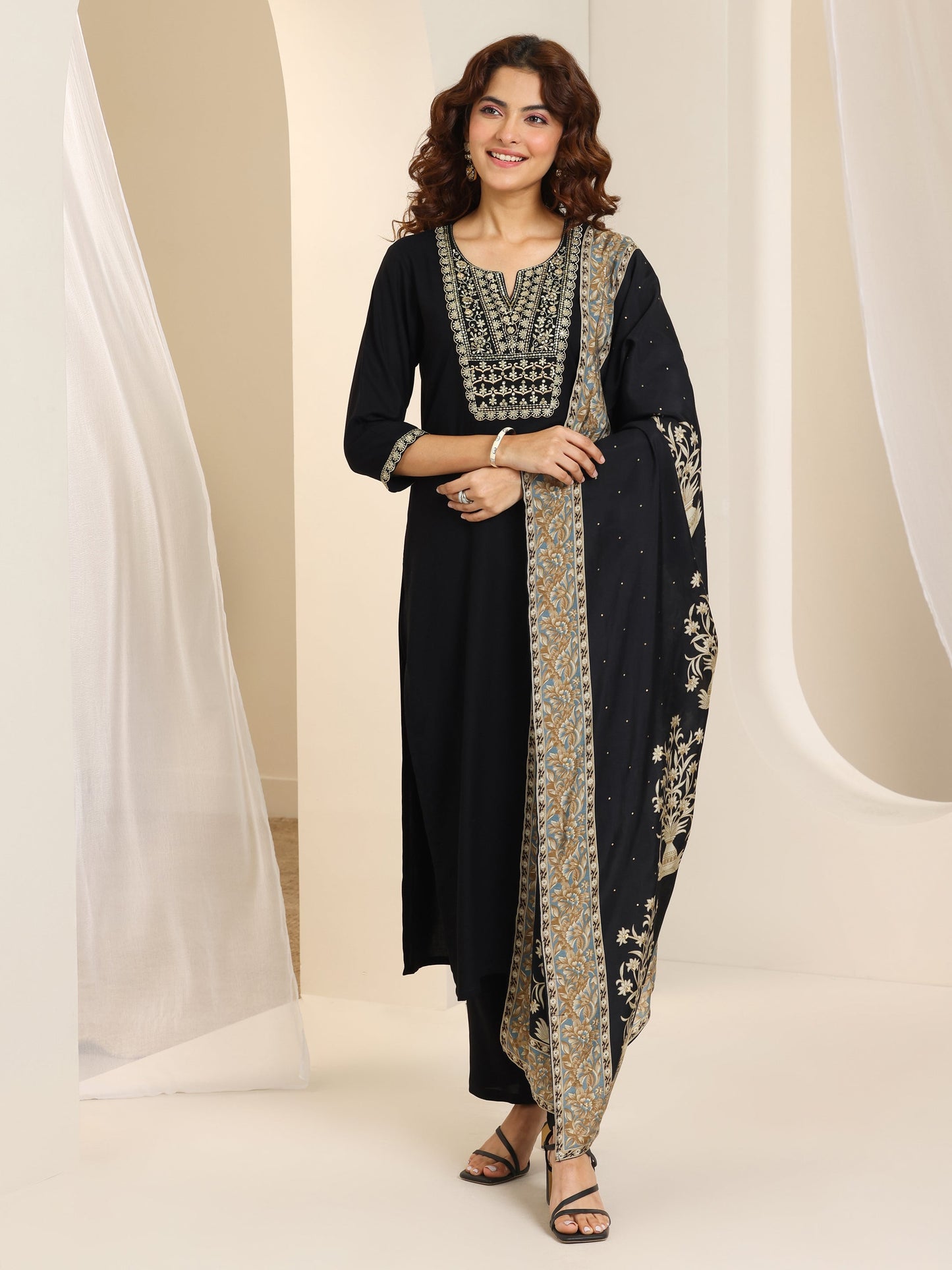 Black Yoke Design Viscose Rayon Straight Suit Set With Dupatta