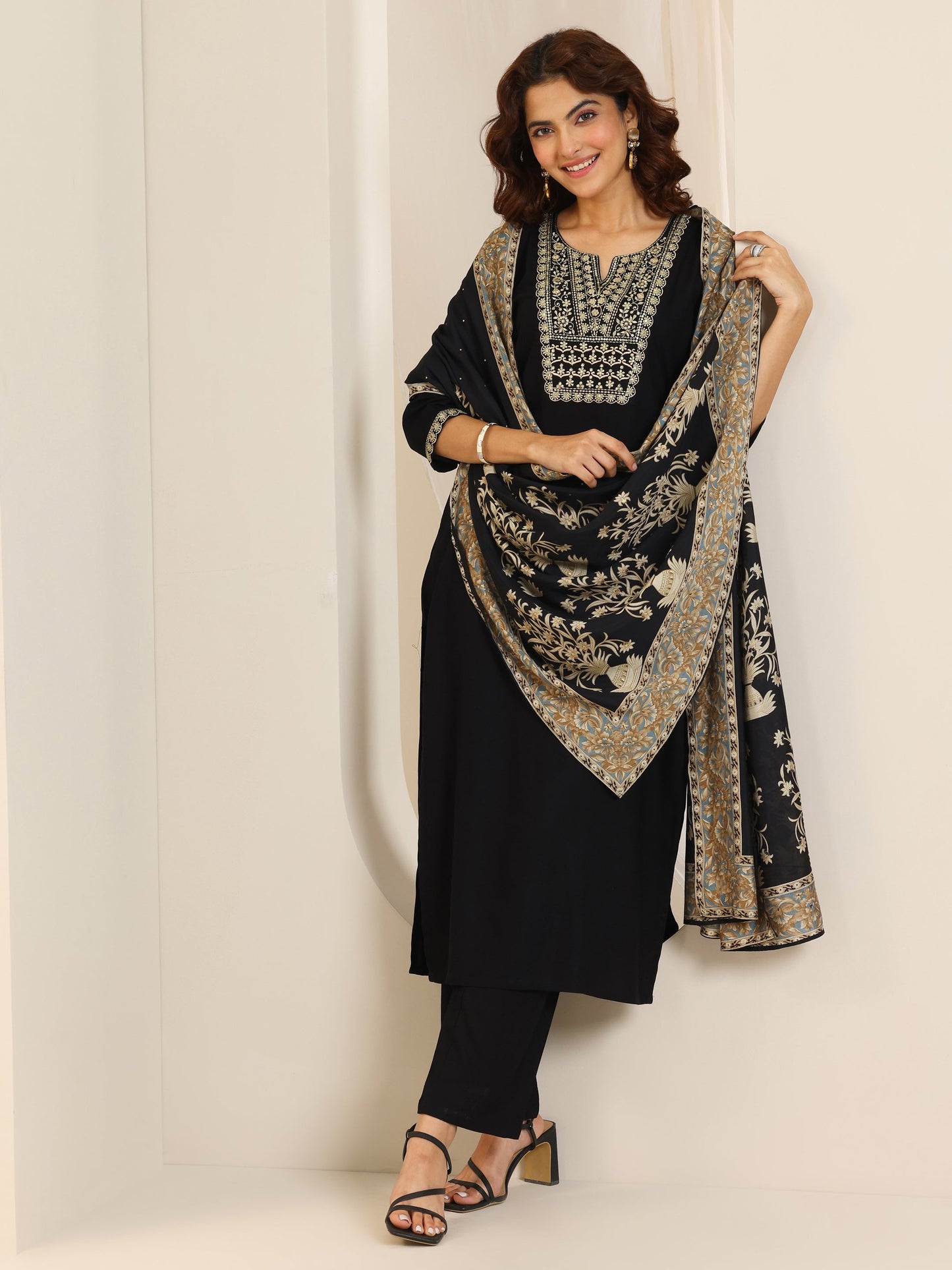 Black Yoke Design Viscose Rayon Straight Suit Set With Dupatta