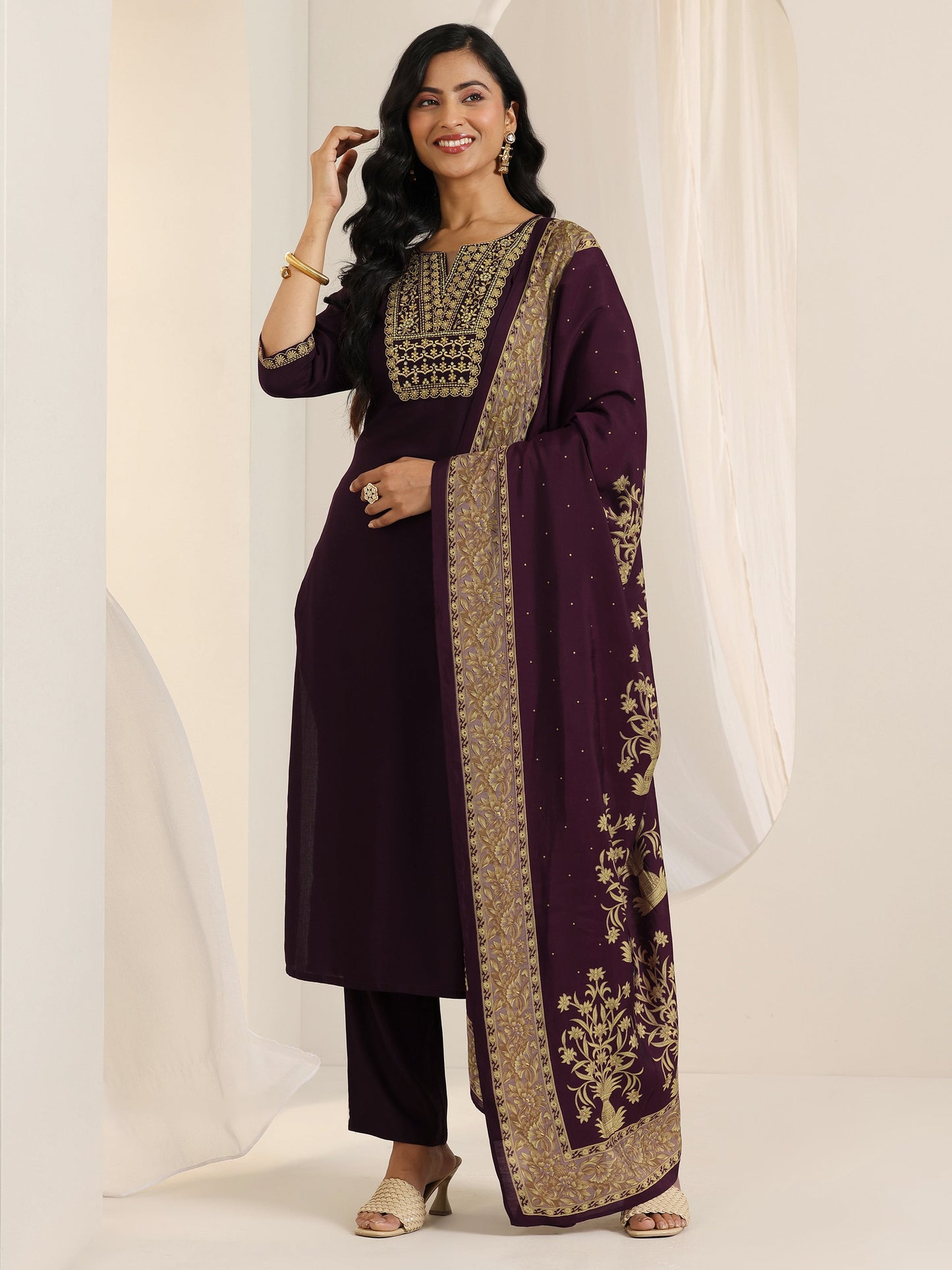 Wine Yoke Design Viscose Rayon Straight Suit Set With Dupatta